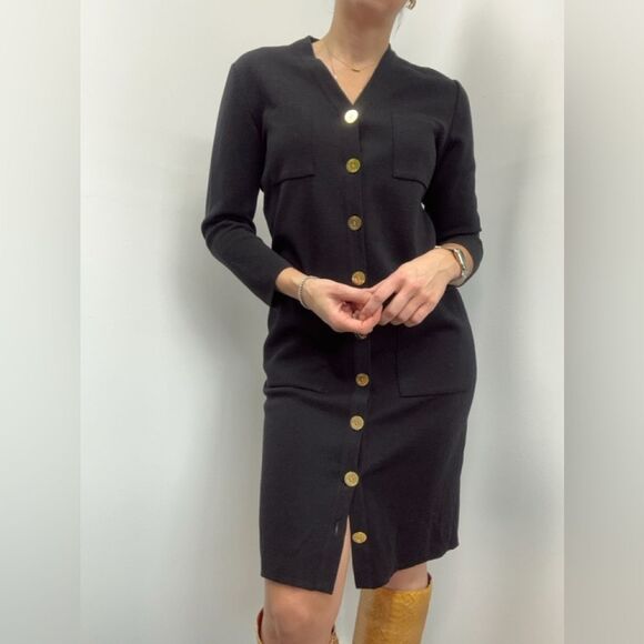 YSL Vintage Black Wool Cardigan Dress 3/4 Sleeve Large Gold Buttons Size M - Picture 6 of 14